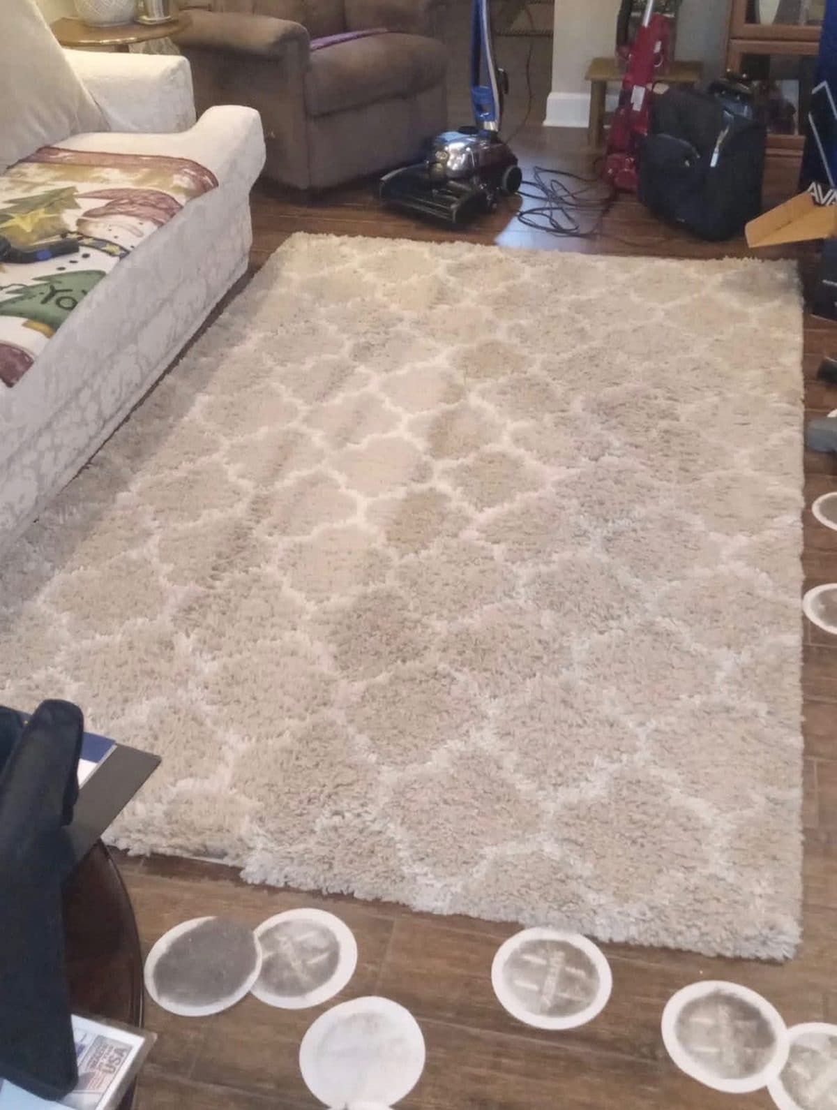 Filter pads on a hardwood floor beside a patterned rug