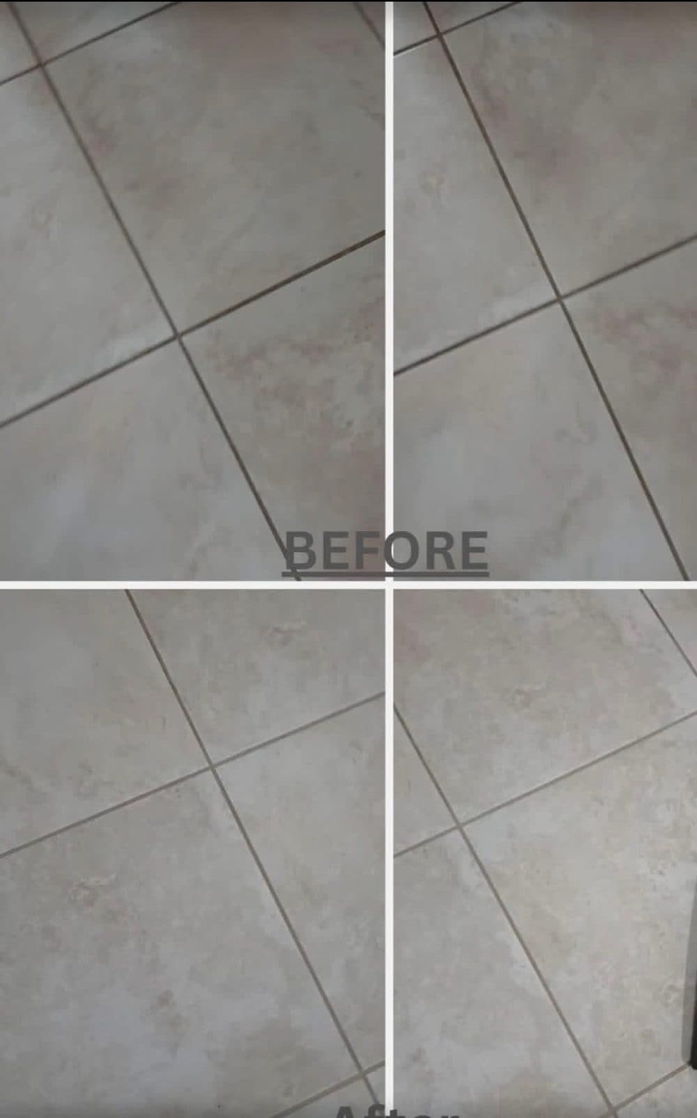 Tile floor before and after cleaning, with grout lines visibly lighter in the after rows